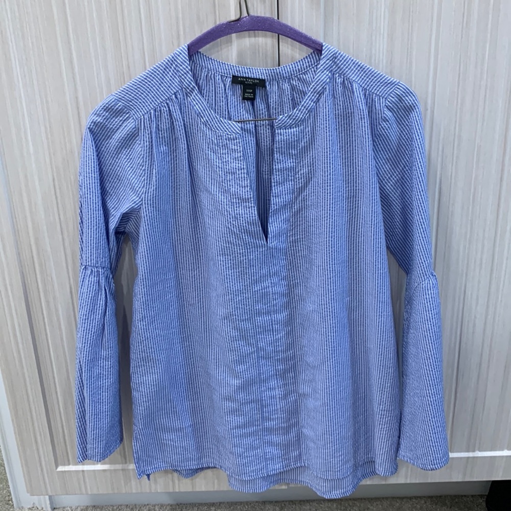 Ann Taylor pinstripe tunic top with bell sleeves